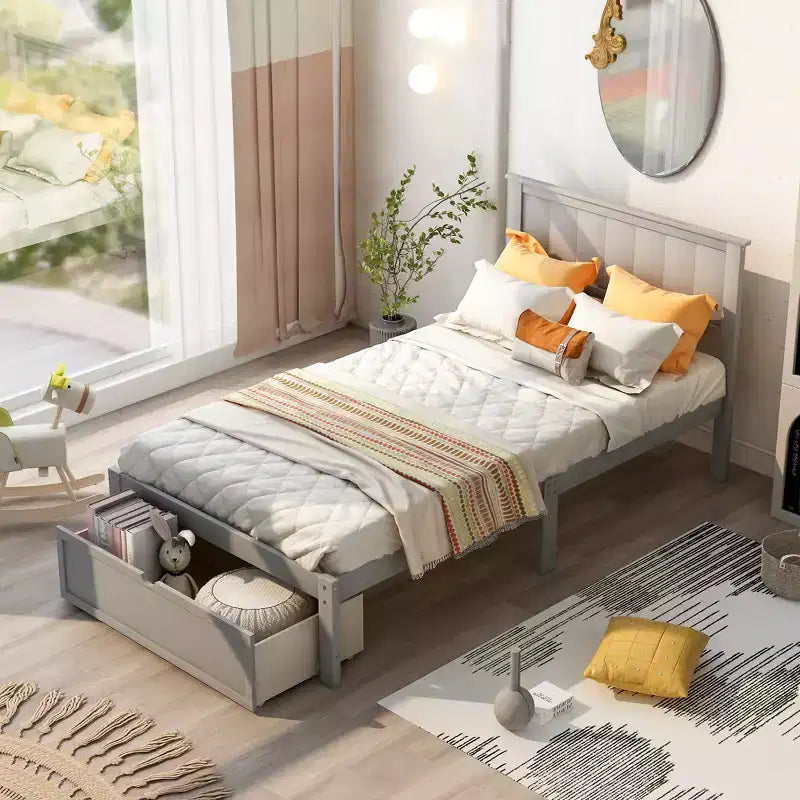 Lit plateforme Whisen Wood deux places avec tiroir de rangement