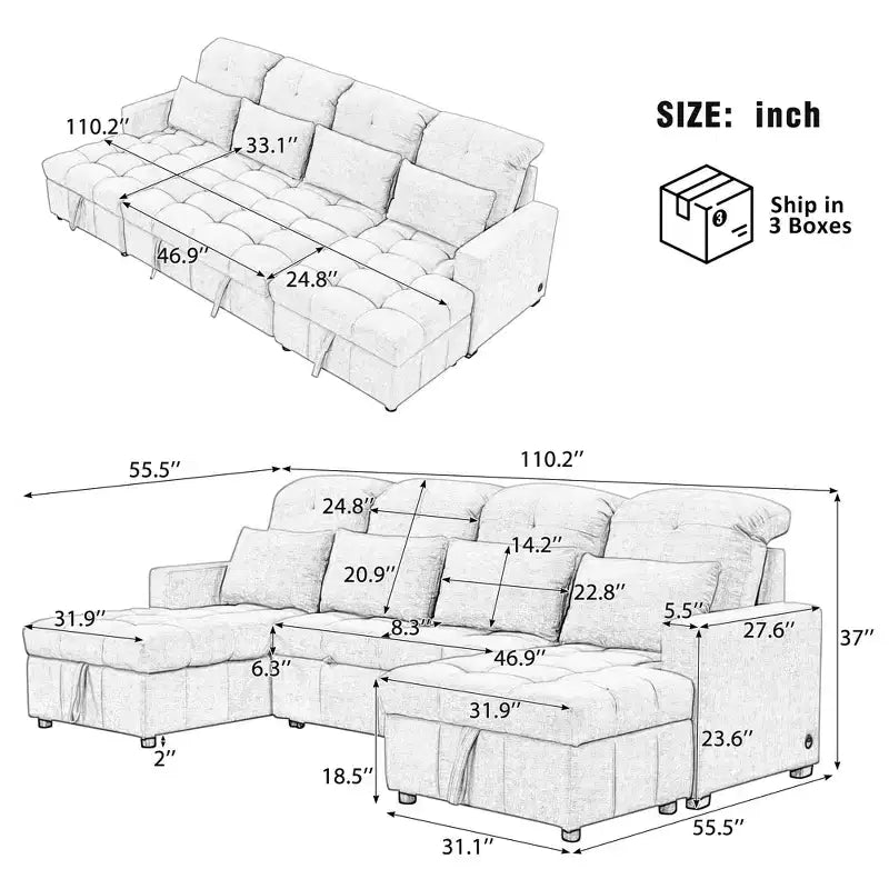 Canapé d'angle surdimensionné en U de 110,2 W, canapé-lit escamotable avec double chaise longue de rangement et 2 ports USB - ModernLuxe
