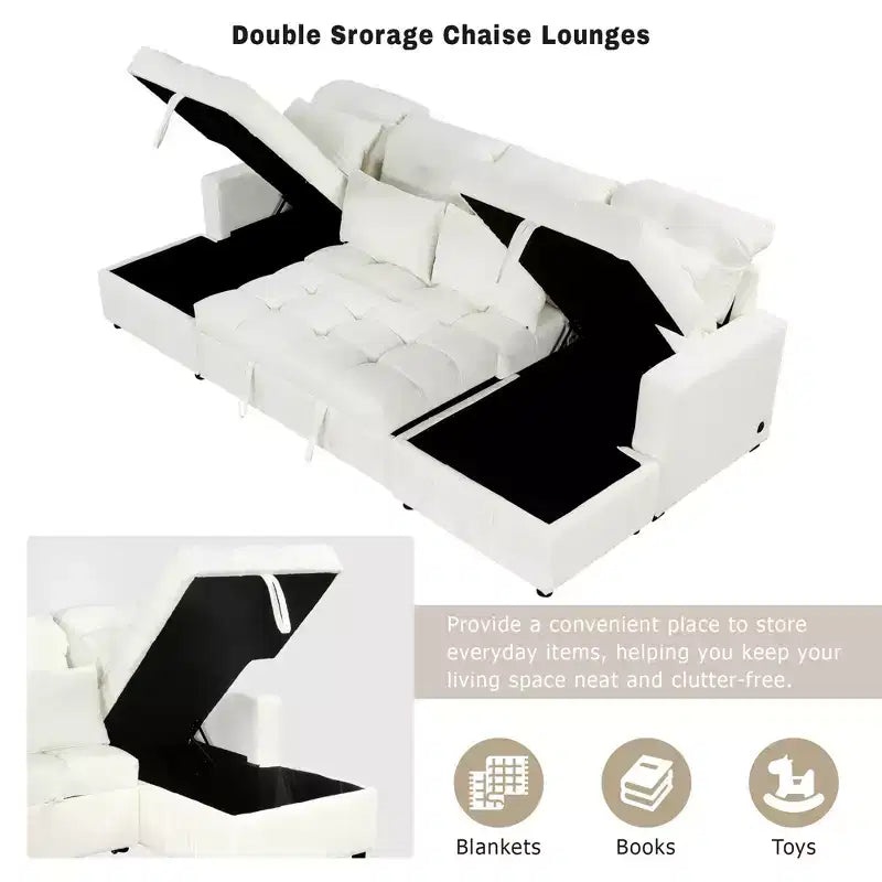 Canapé d'angle surdimensionné en U de 110,2 W, canapé-lit escamotable avec double chaise longue de rangement et 2 ports USB - ModernLuxe