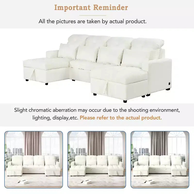 Canapé d'angle surdimensionné en U de 110,2 W, canapé-lit escamotable avec double chaise longue de rangement et 2 ports USB - ModernLuxe