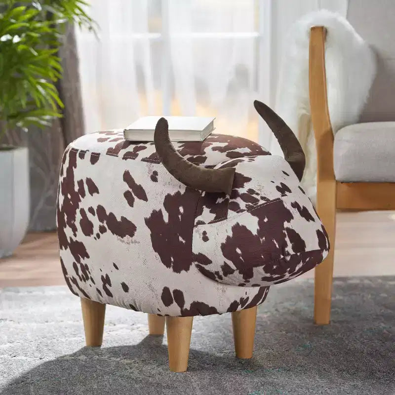 GDFStudio Moria Moderne en Bois d'Hévéa Velours Vache Ottoman