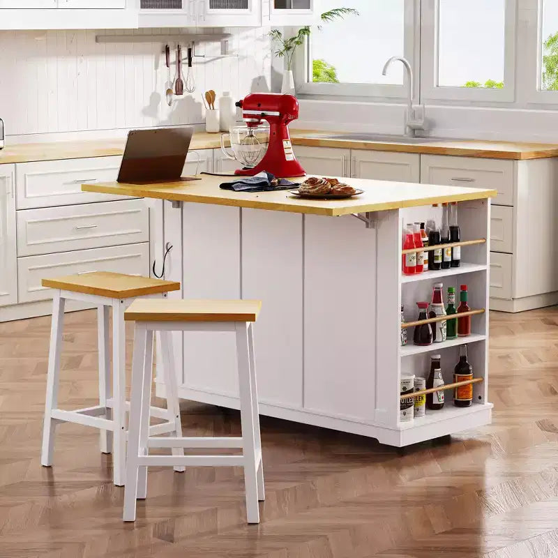 Îlot de cuisine avec rabat, prise électrique, rangement de porte, chariot roulant sur 5 roues avec 5 étagères latérales ouvertes pour cuisine et salle à manger.