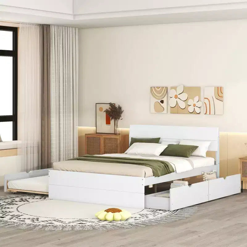 Cadre de lit double moderne Whisen avec tête et pied de lit blanc brillant, avec lit gigogne ou tiroirs, design peu encombrant