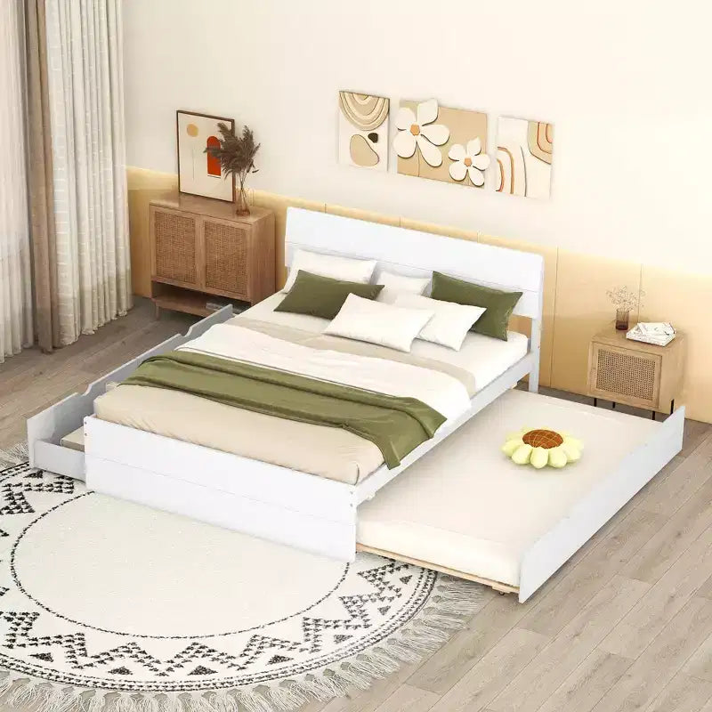 Cadre de lit double moderne Whisen avec tête et pied de lit blanc brillant, avec lit gigogne ou tiroirs, design peu encombrant
