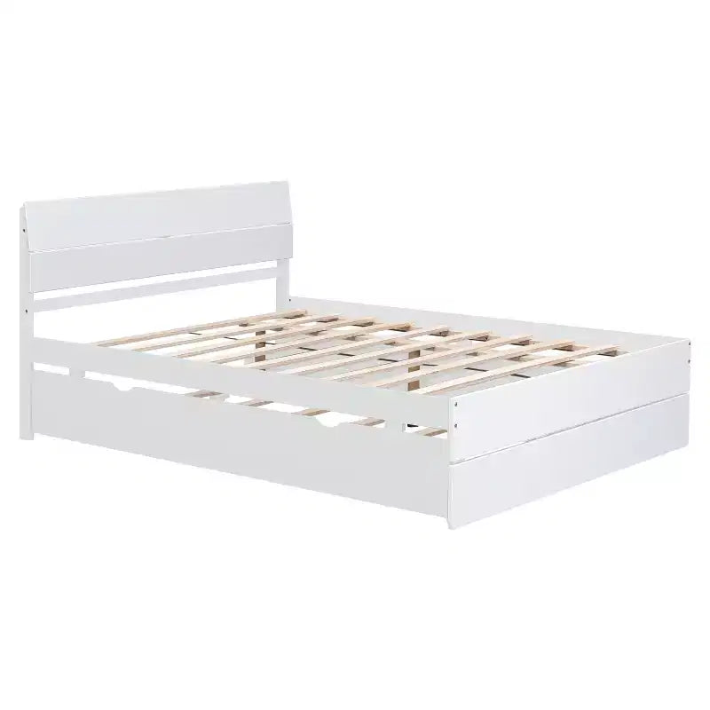 Cadre de lit double moderne Whisen avec tête et pied de lit blanc brillant, avec lit gigogne ou tiroirs, design peu encombrant