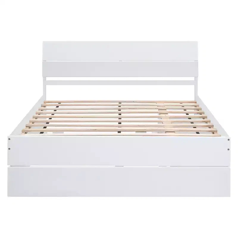 Cadre de lit double moderne Whisen avec tête et pied de lit blanc brillant, avec lit gigogne ou tiroirs, design peu encombrant