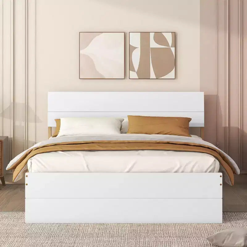 Cadre de lit double moderne Whisen avec tête et pied de lit blanc brillant, avec lit gigogne ou tiroirs, design peu encombrant