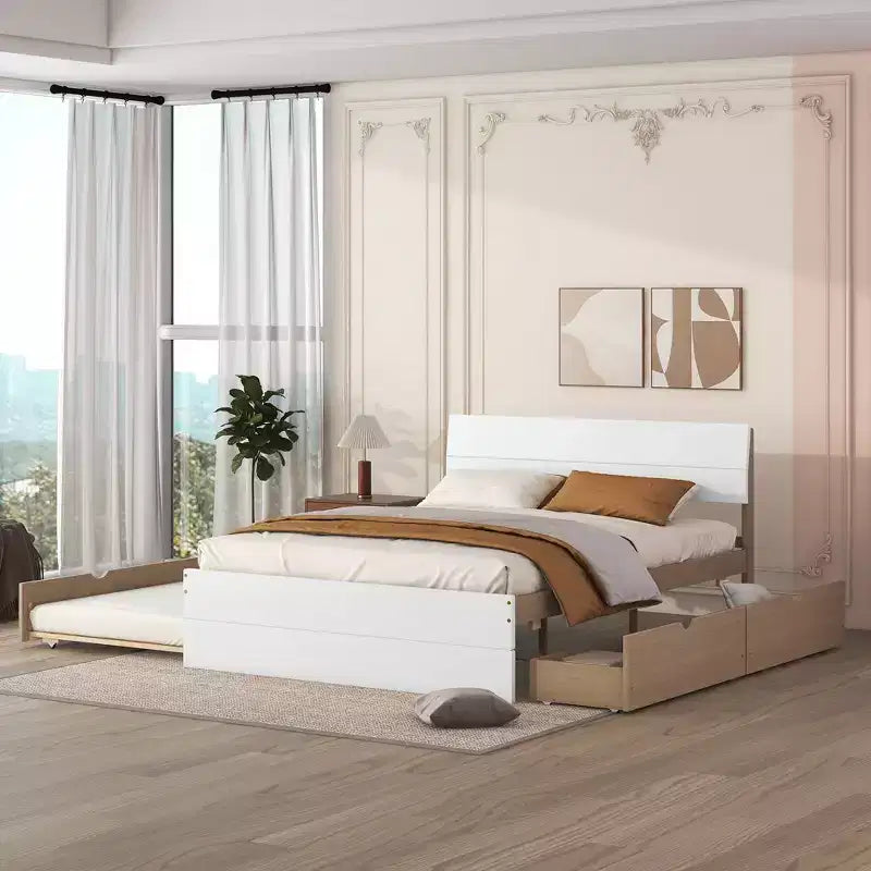 Cadre de lit double moderne Whisen avec tête et pied de lit blanc brillant, avec lit gigogne ou tiroirs, design peu encombrant