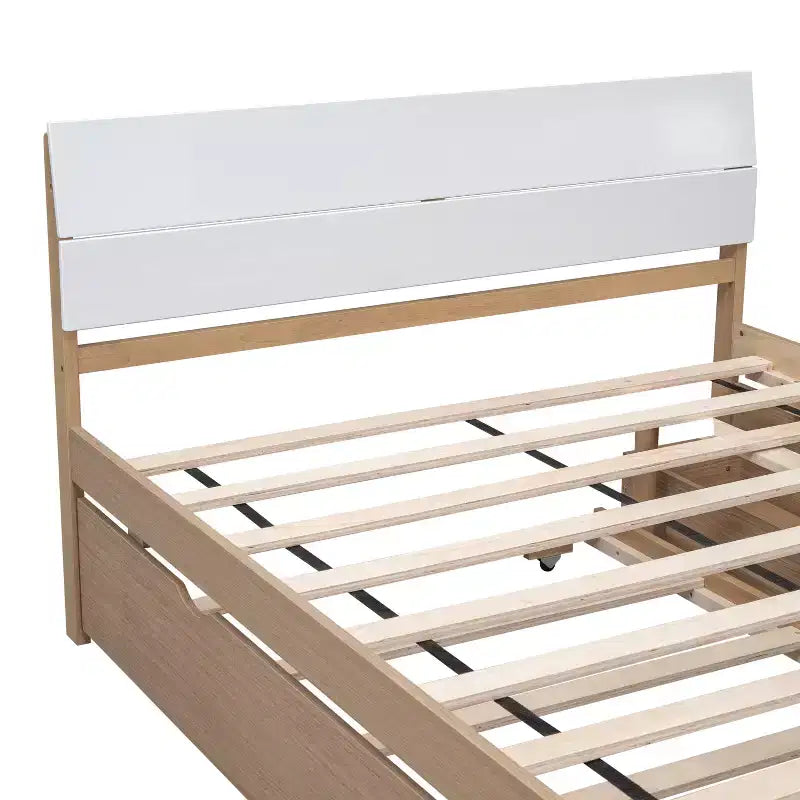 Cadre de lit double moderne Whisen avec tête et pied de lit blanc brillant, avec lit gigogne ou tiroirs, design peu encombrant