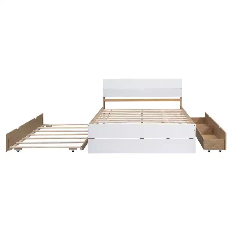 Cadre de lit double moderne Whisen avec tête et pied de lit blanc brillant, avec lit gigogne ou tiroirs, design peu encombrant