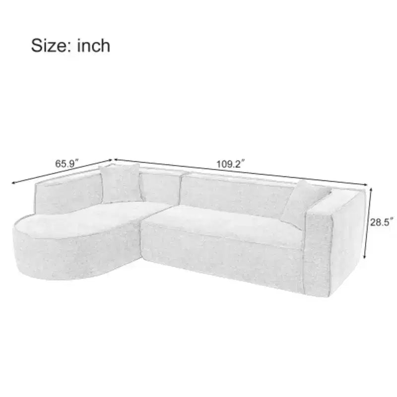 Canapé d'angle moderne en L avec rembourrage en éponge, courbe élégante, tissu chenille, 2 coussins, pour salon/bureau.