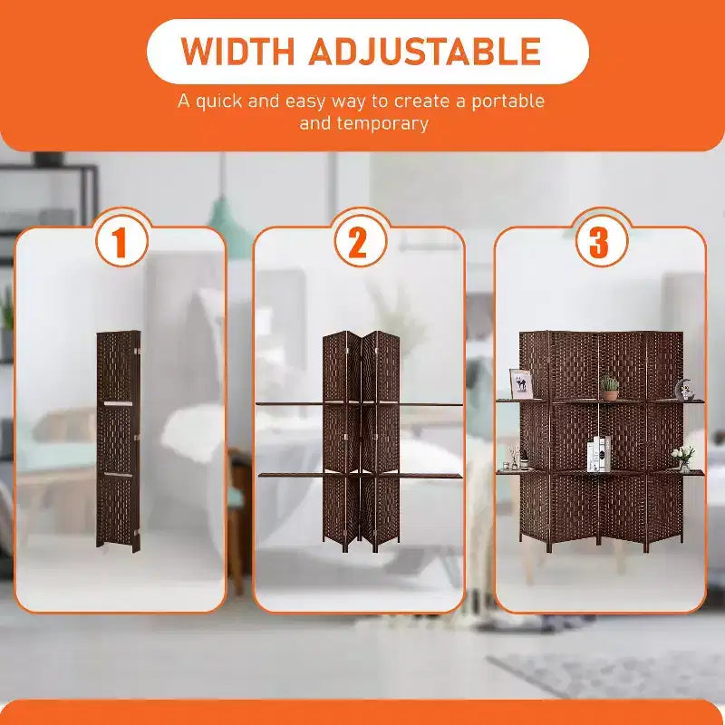 FDW Paravent Polyvalent 4/6 Panneaux avec Étagères Intégrées, Séparateur de Pièce en Bois Pliant Portable Élégant