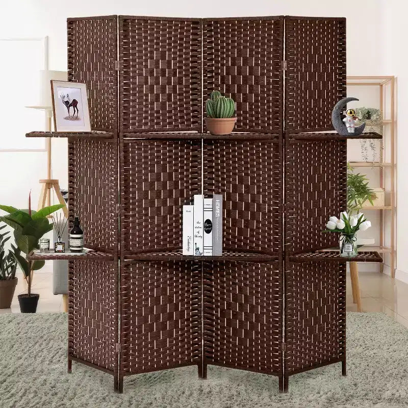 FDW Paravent Polyvalent 4/6 Panneaux avec Étagères Intégrées, Séparateur de Pièce en Bois Pliant Portable Élégant