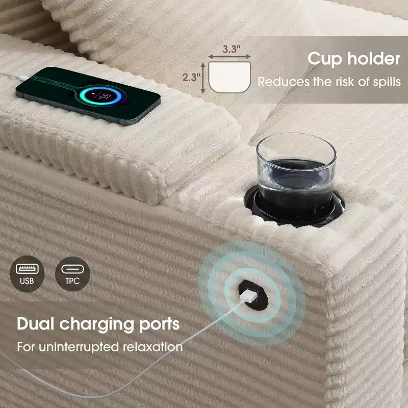 GDFStudio Daniel 106 Canapé d'angle modulable en velours côtelé avec accoudoirs de rangement et porte-gobelets