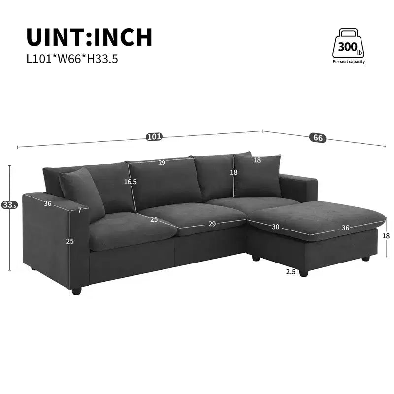 GDFStudio Bruce 101 Canapé sectionnel en forme de L en tissu avec pouf