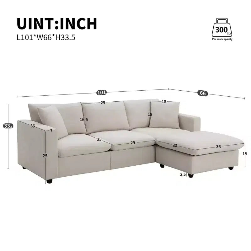 GDFStudio Bruce 101 Canapé sectionnel en forme de L en tissu avec pouf
