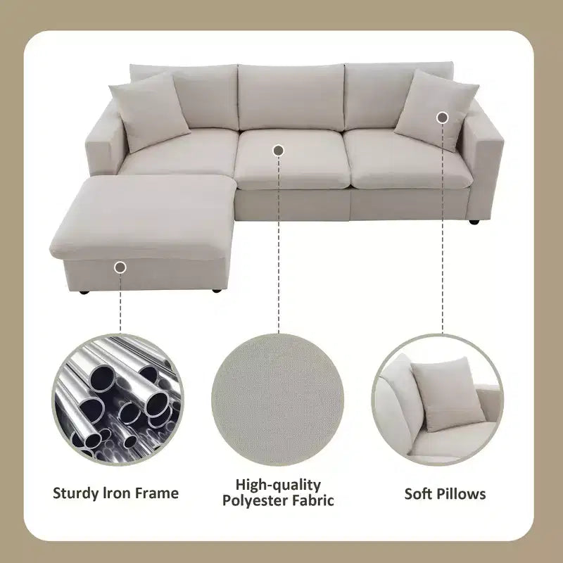 GDFStudio Bruce 101 Canapé sectionnel en forme de L en tissu avec pouf