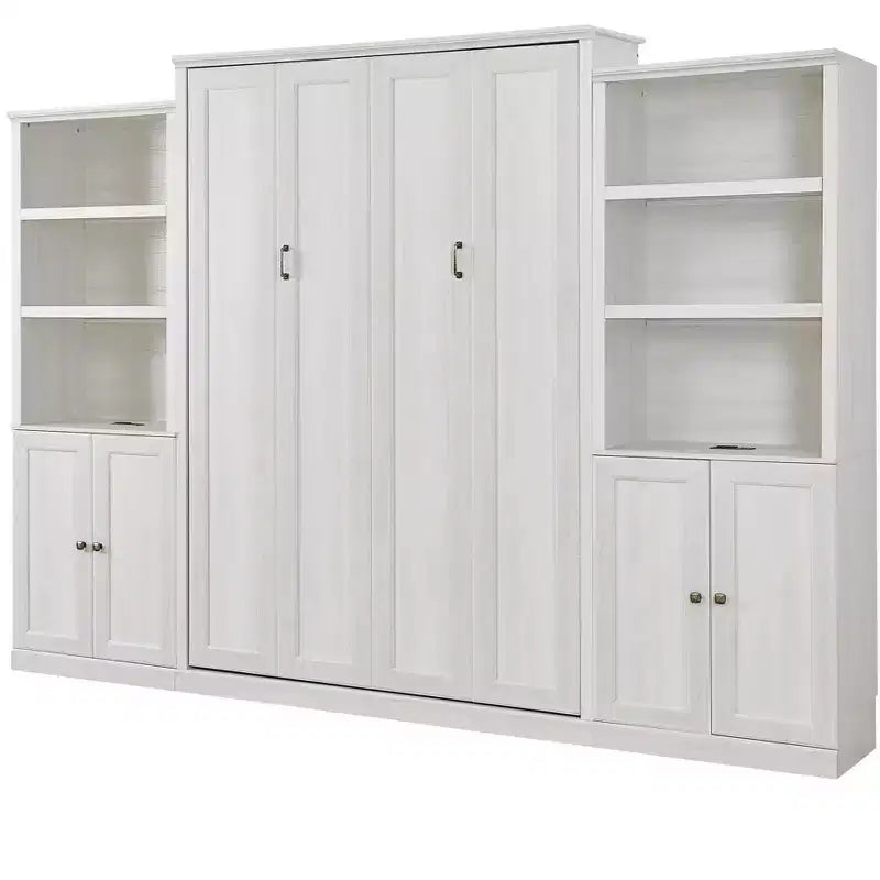 Lit escamotable Queen Size avec armoire latérale, lit gain de place parfait pour chambre d'amis, chambre à coucher, bureau à domicile, blanc/marron rustique - ModernLuxe