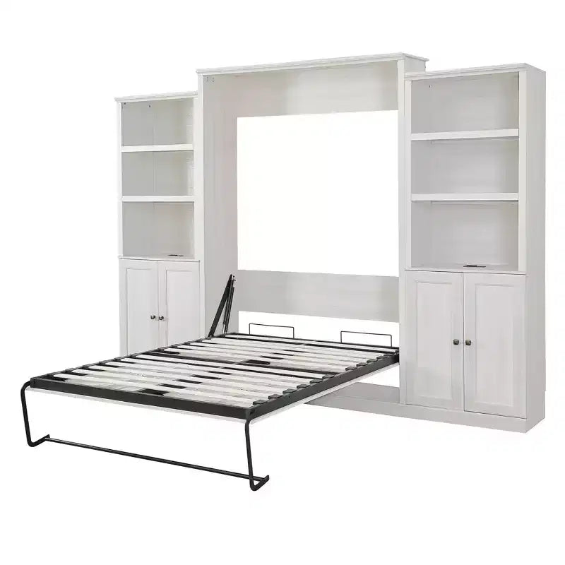 Lit escamotable Queen Size avec armoire latérale, lit gain de place parfait pour chambre d'amis, chambre à coucher, bureau à domicile, blanc/marron rustique - ModernLuxe