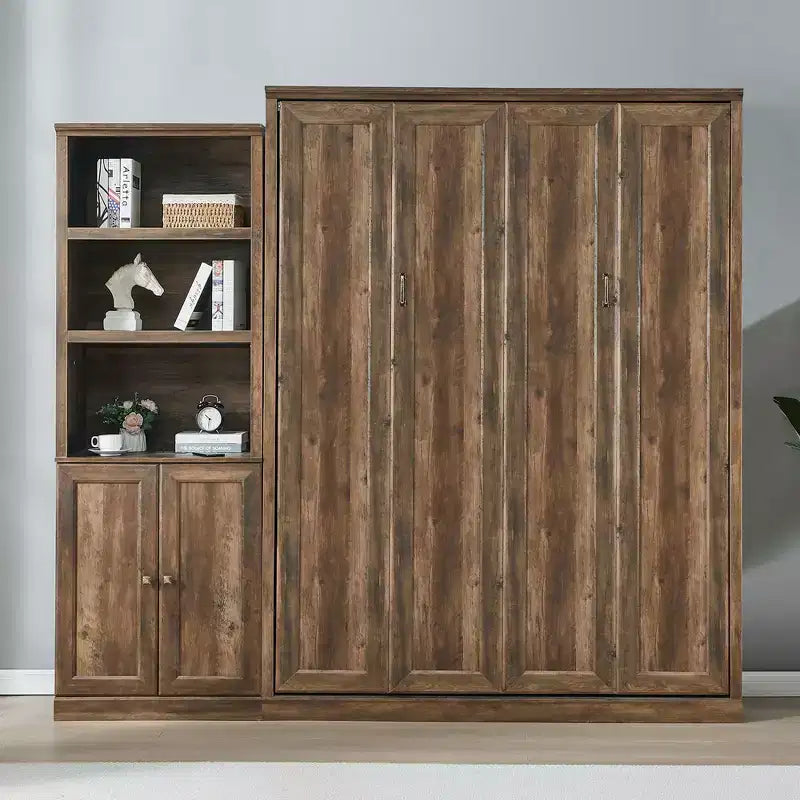 Lit escamotable Queen Size avec armoire latérale, lit gain de place parfait pour chambre d'amis, chambre à coucher, bureau à domicile, blanc/marron rustique - ModernLuxe