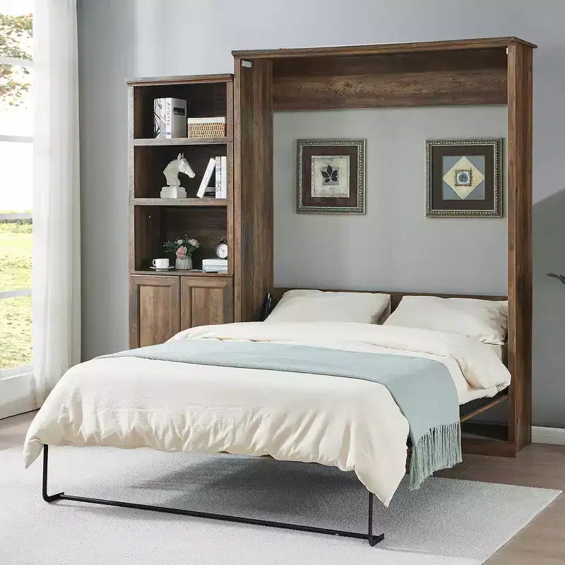 Lit escamotable Queen Size avec armoire latérale, lit gain de place parfait pour chambre d'amis, chambre à coucher, bureau à domicile, blanc/marron rustique - ModernLuxe