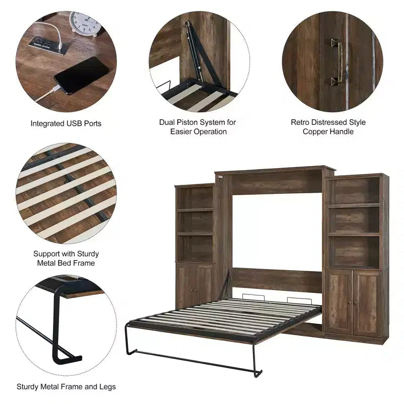 Lit escamotable Queen Size avec armoire latérale, lit gain de place parfait pour chambre d'amis, chambre à coucher, bureau à domicile, blanc/marron rustique - ModernLuxe