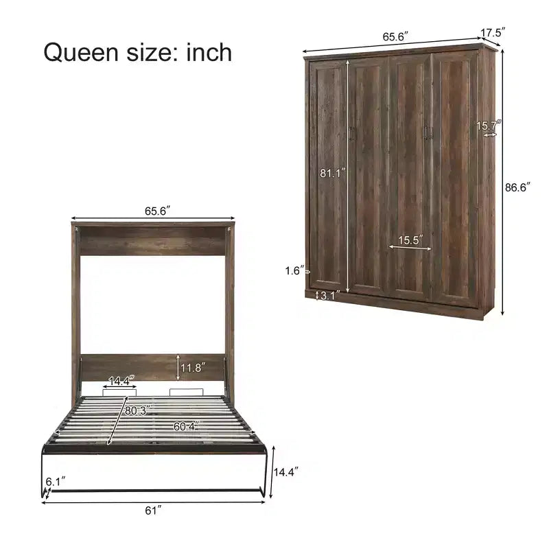 Lit escamotable Queen Size avec armoire latérale, lit gain de place parfait pour chambre d'amis, chambre à coucher, bureau à domicile, blanc/marron rustique - ModernLuxe