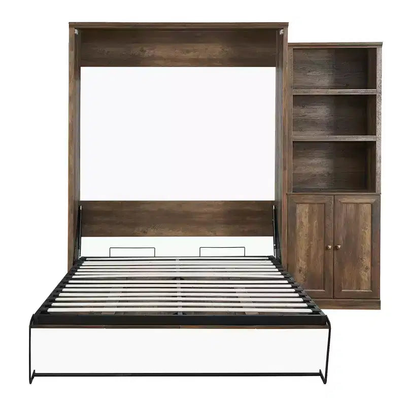 Lit escamotable Queen Size avec armoire latérale, lit gain de place parfait pour chambre d'amis, chambre à coucher, bureau à domicile, blanc/marron rustique - ModernLuxe