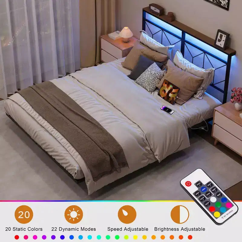 Cadre de lit flottant Hausource avec tête de lit de rangement LED, station de recharge, aucun sommier tapissier requis