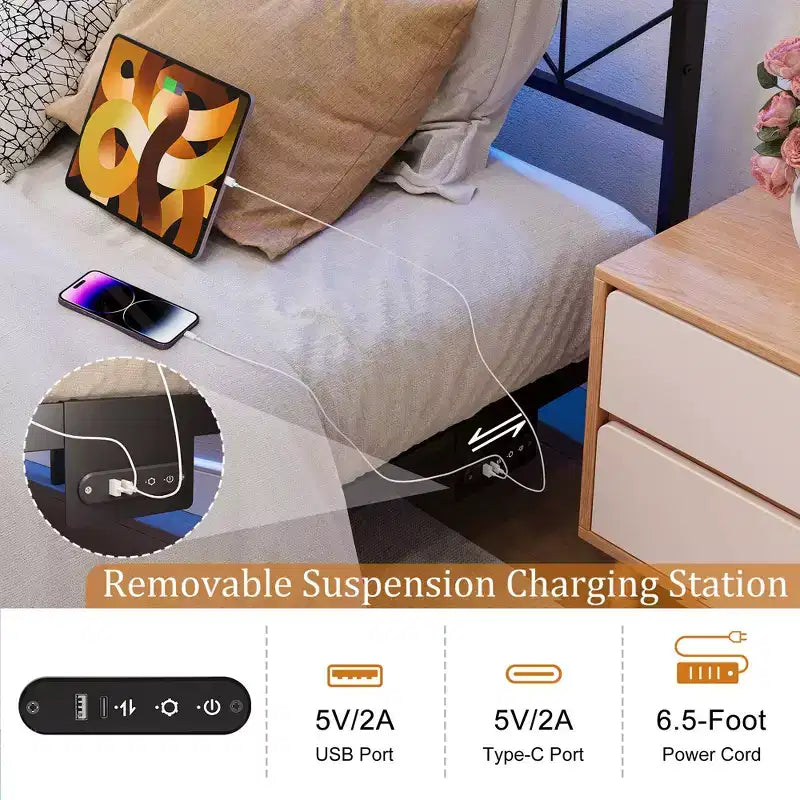 Cadre de lit flottant Hausource avec tête de lit de rangement LED, station de recharge, aucun sommier tapissier requis