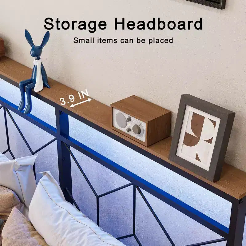 Cadre de lit flottant Hausource avec tête de lit de rangement LED, station de recharge, aucun sommier tapissier requis