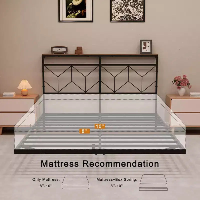 Cadre de lit flottant Hausource avec tête de lit de rangement LED, station de recharge, aucun sommier tapissier requis