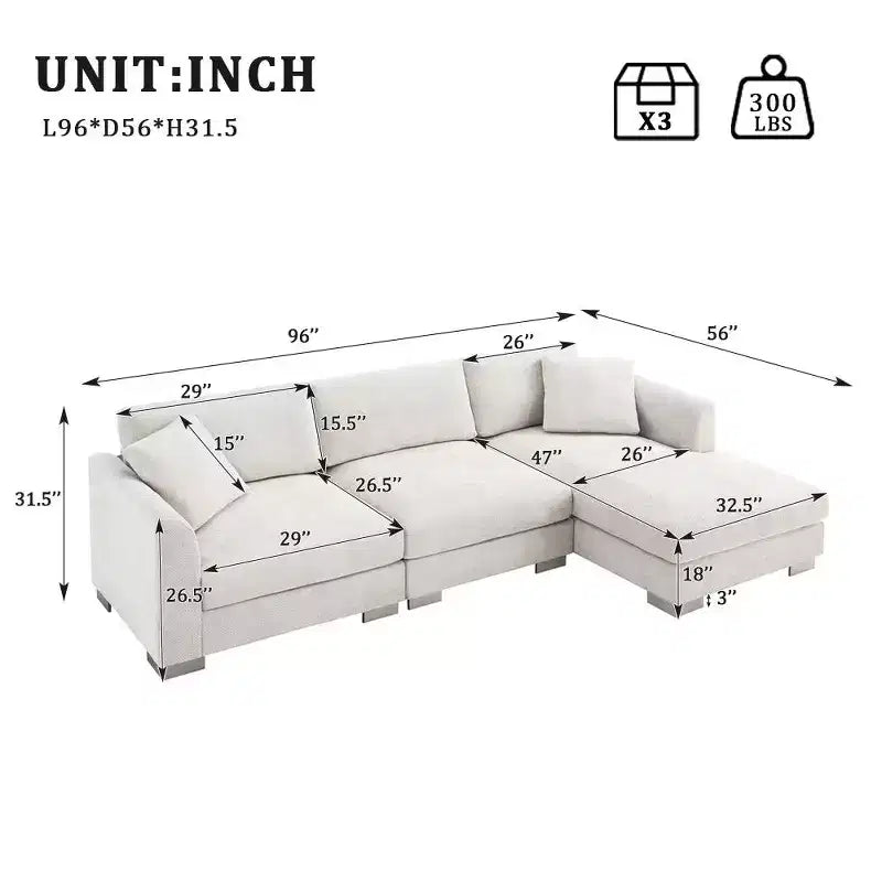 Canapé d'angle surdimensionné Whisen Modern, ensemble de canapé de luxe en forme de L avec méridienne et 2 oreillers