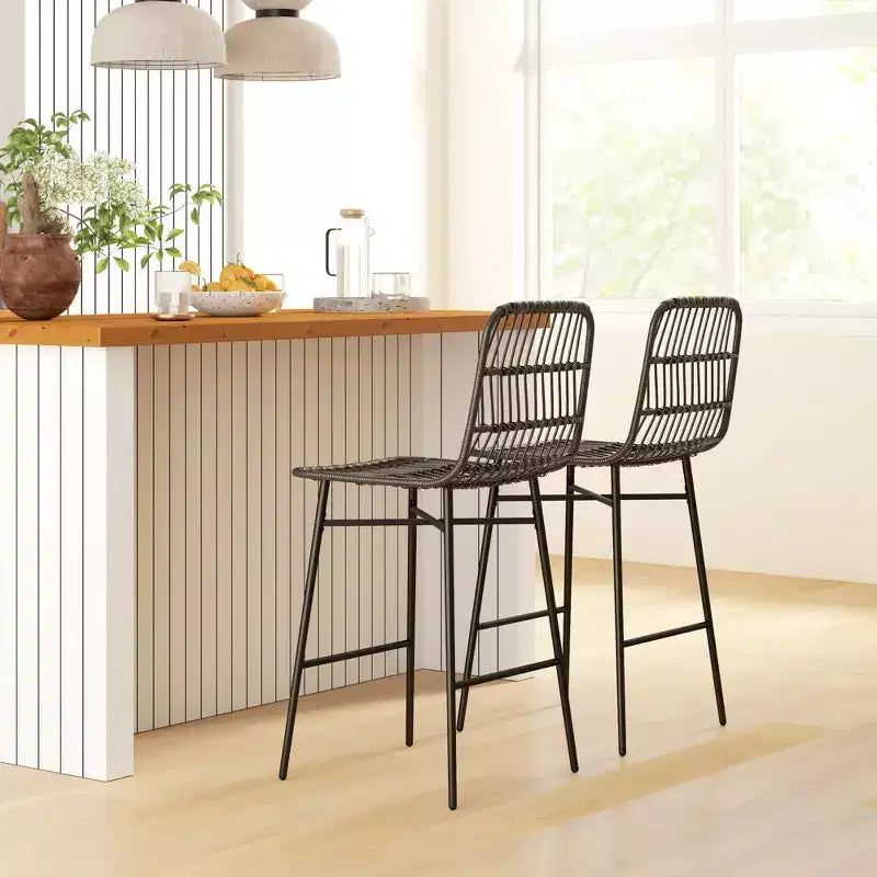 HOMCOM Tabourets de Bar Hauteur Comptoir en Rotin, Lot de 2, Tabourets de Bar en Osier de 66 cm avec Dossier, Chaises de Bar pour Îlot de Cuisine, Comptoir de Cuisine, Salle à Manger, Noir