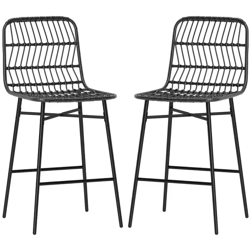 HOMCOM Tabourets de Bar Hauteur Comptoir en Rotin, Lot de 2, Tabourets de Bar en Osier de 66 cm avec Dossier, Chaises de Bar pour Îlot de Cuisine, Comptoir de Cuisine, Salle à Manger, Noir