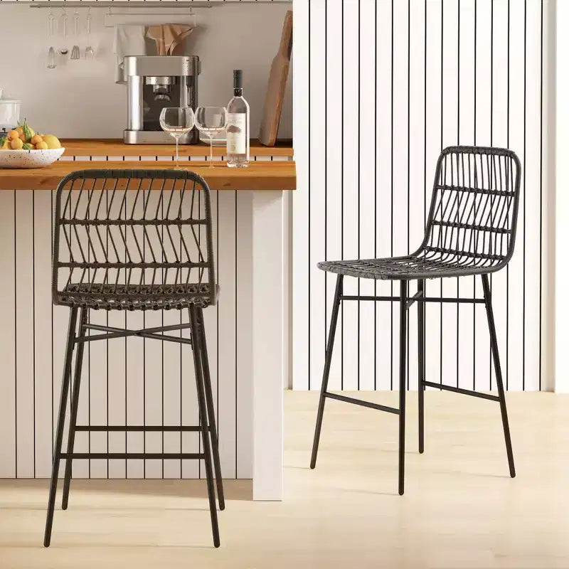 HOMCOM Tabourets de Bar Hauteur Comptoir en Rotin, Lot de 2, Tabourets de Bar en Osier de 66 cm avec Dossier, Chaises de Bar pour Îlot de Cuisine, Comptoir de Cuisine, Salle à Manger, Noir