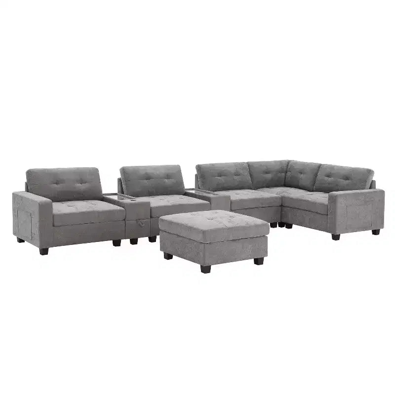Canapé d'angle en U Whisen Chenille avec 2 consoles, chargeur USB, tiroirs et poches de rangement et pouf mobile
