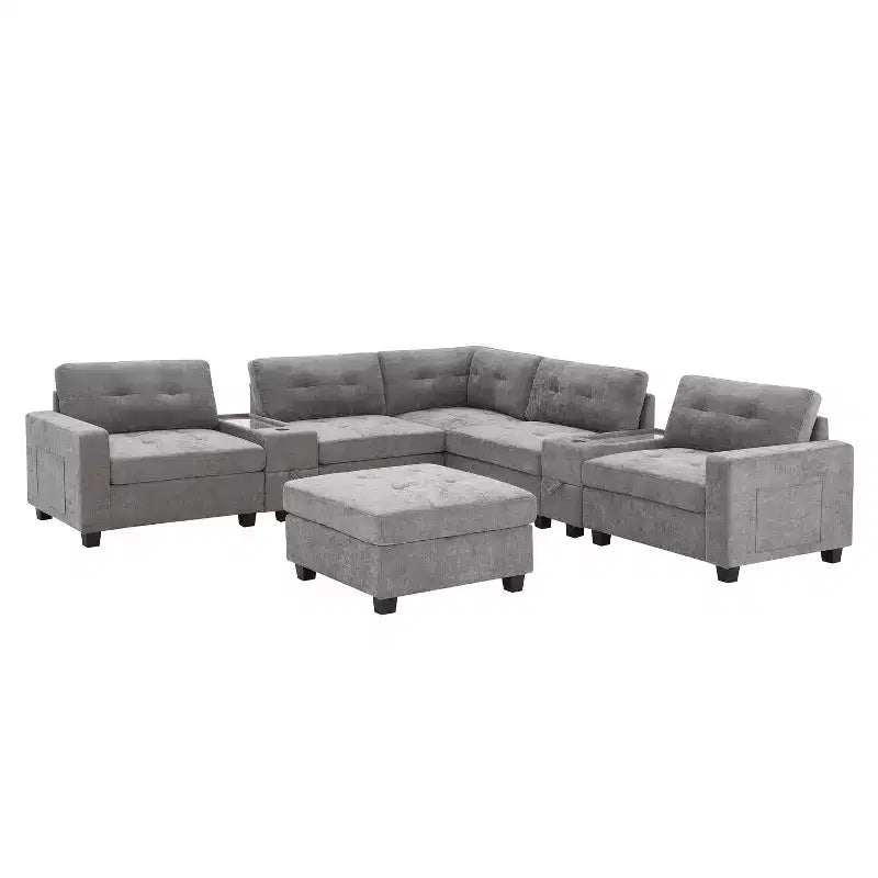 Canapé d'angle en U Whisen Chenille avec 2 consoles, chargeur USB, tiroirs et poches de rangement et pouf mobile