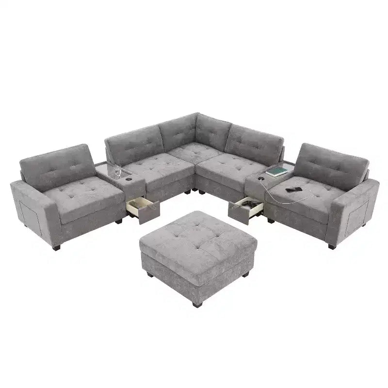 Canapé d'angle en U Whisen Chenille avec 2 consoles, chargeur USB, tiroirs et poches de rangement et pouf mobile