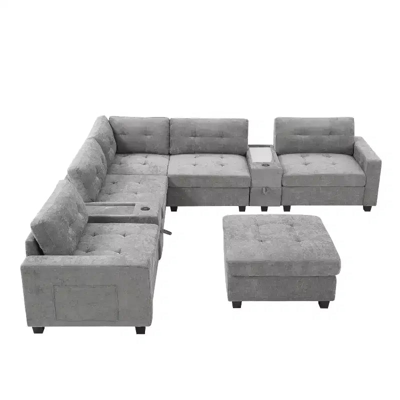 Canapé d'angle en U Whisen Chenille avec 2 consoles, chargeur USB, tiroirs et poches de rangement et pouf mobile