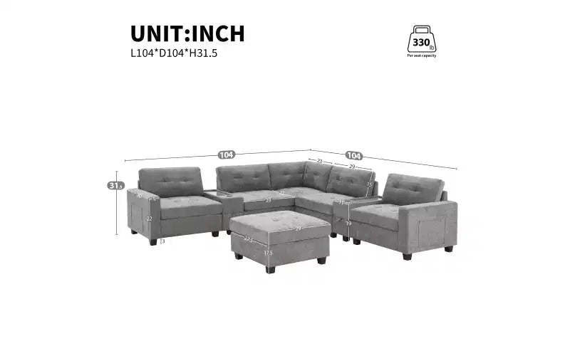 Canapé d'angle en U Whisen Chenille avec 2 consoles, chargeur USB, tiroirs et poches de rangement et pouf mobile