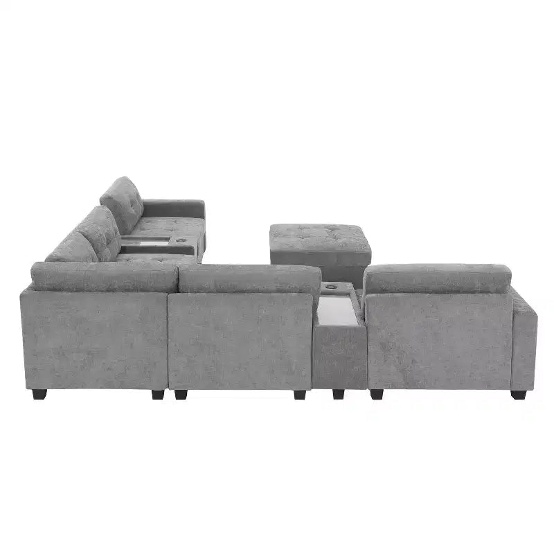 Canapé d'angle en U Whisen Chenille avec 2 consoles, chargeur USB, tiroirs et poches de rangement et pouf mobile
