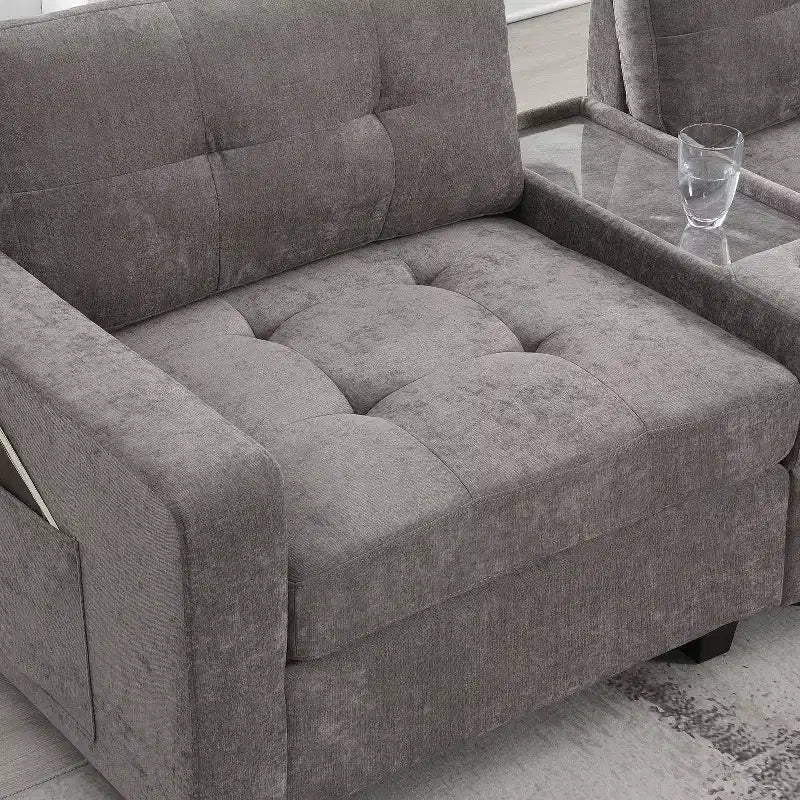 Canapé d'angle en U Whisen Chenille avec 2 consoles, chargeur USB, tiroirs et poches de rangement et pouf mobile