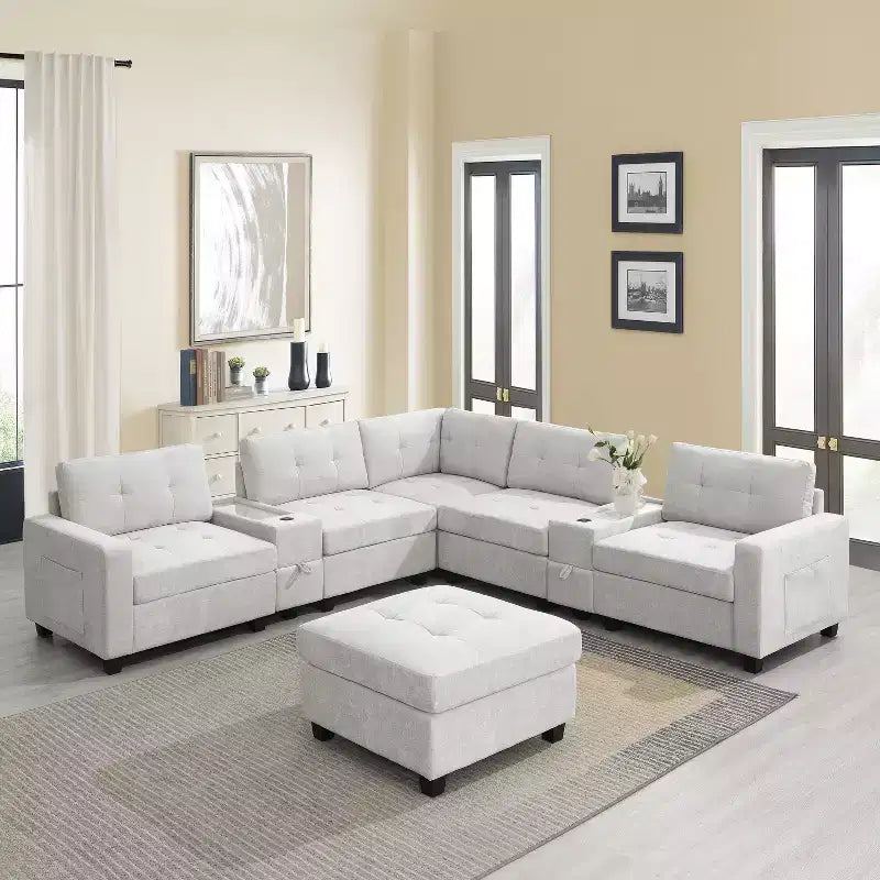 Canapé d'angle en U Whisen Chenille avec 2 consoles, chargeur USB, tiroirs et poches de rangement et pouf mobile