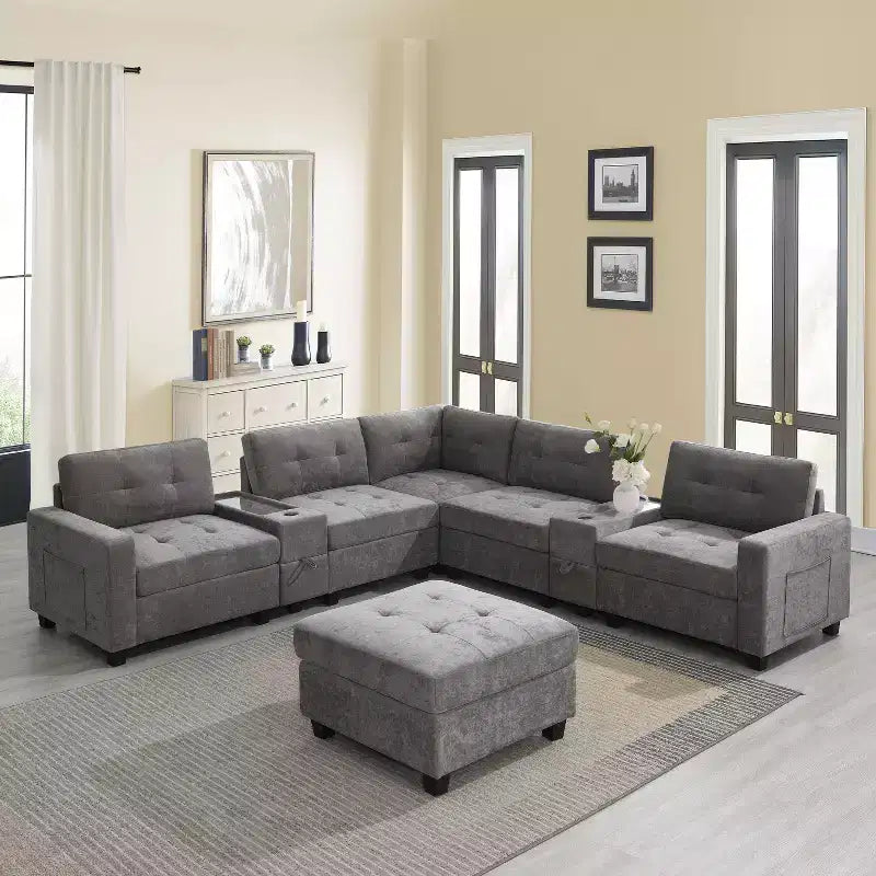 Canapé d'angle en U Whisen Chenille avec 2 consoles, chargeur USB, tiroirs et poches de rangement et pouf mobile