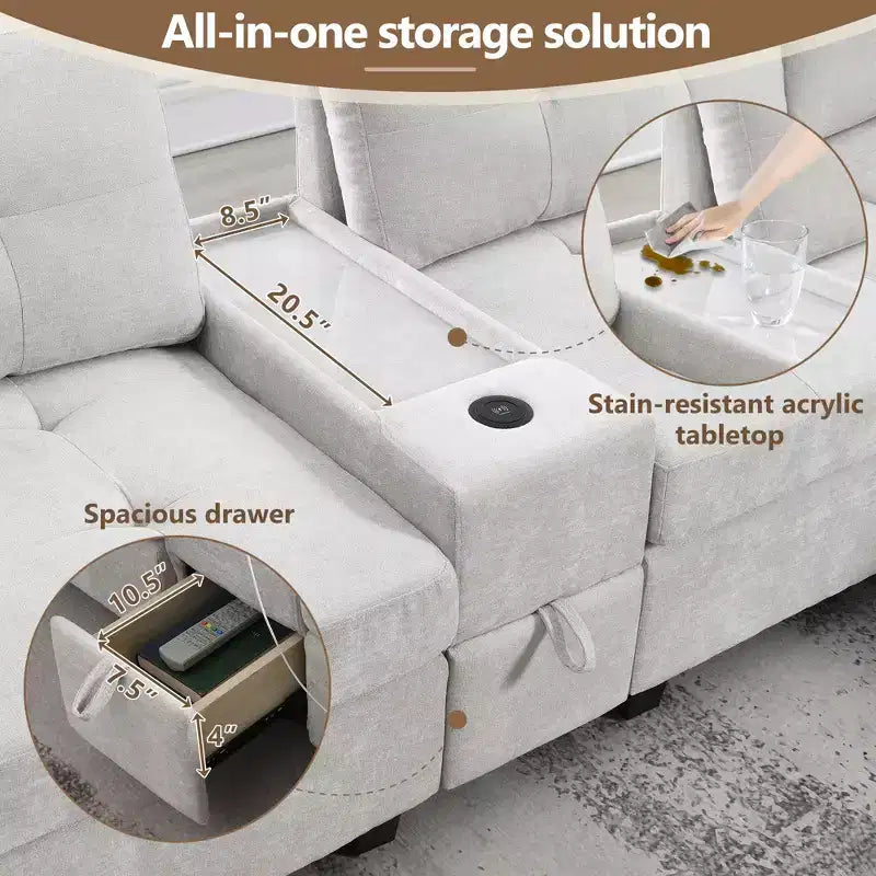 Canapé d'angle en U Whisen Chenille avec 2 consoles, chargeur USB, tiroirs et poches de rangement et pouf mobile