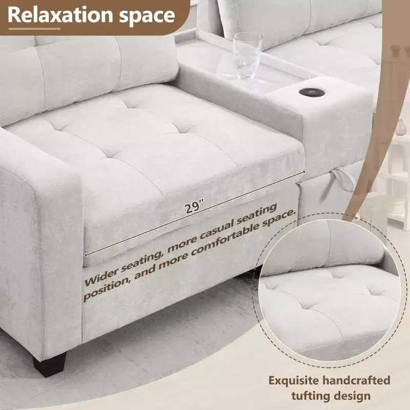 Canapé d'angle en U Whisen Chenille avec 2 consoles, chargeur USB, tiroirs et poches de rangement et pouf mobile