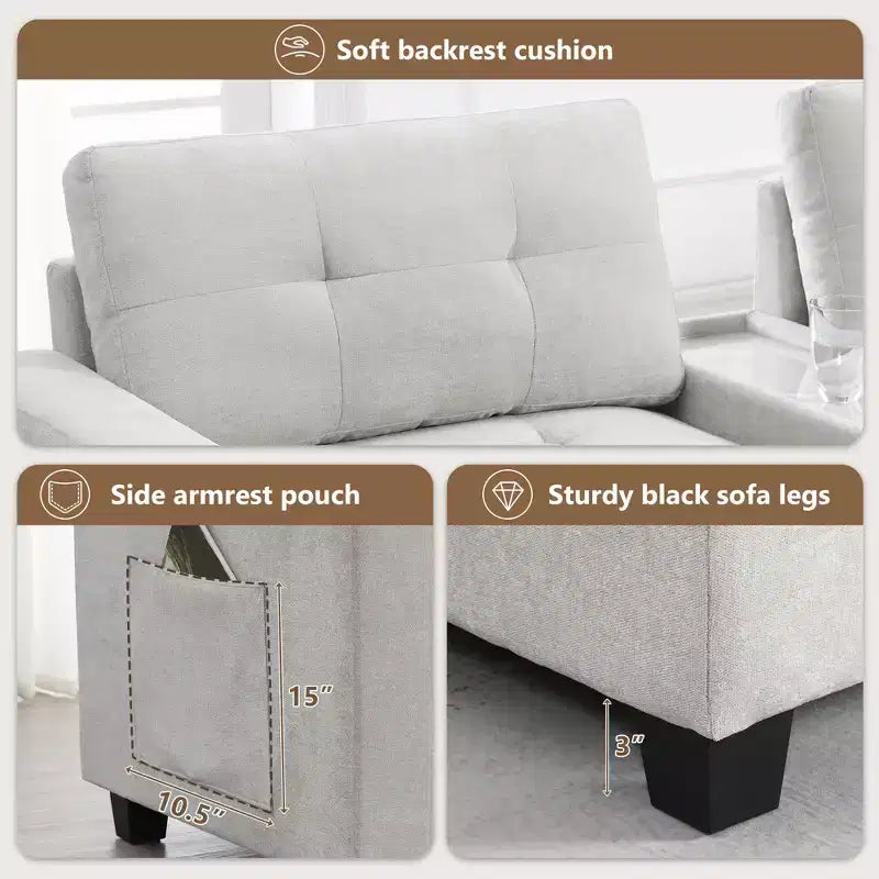 Canapé d'angle en U Whisen Chenille avec 2 consoles, chargeur USB, tiroirs et poches de rangement et pouf mobile