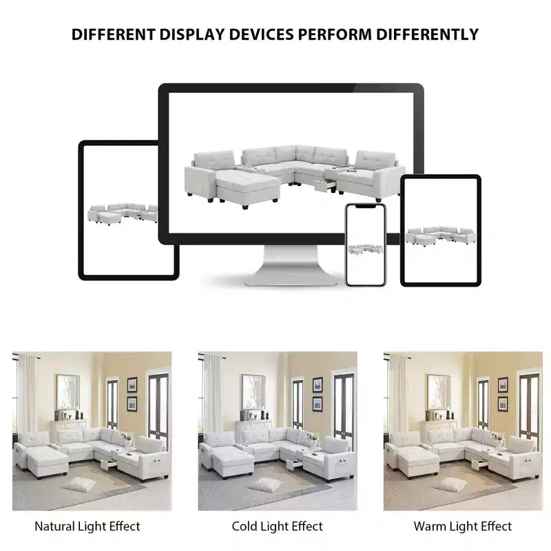 Canapé d'angle en U Whisen Chenille avec 2 consoles, chargeur USB, tiroirs et poches de rangement et pouf mobile