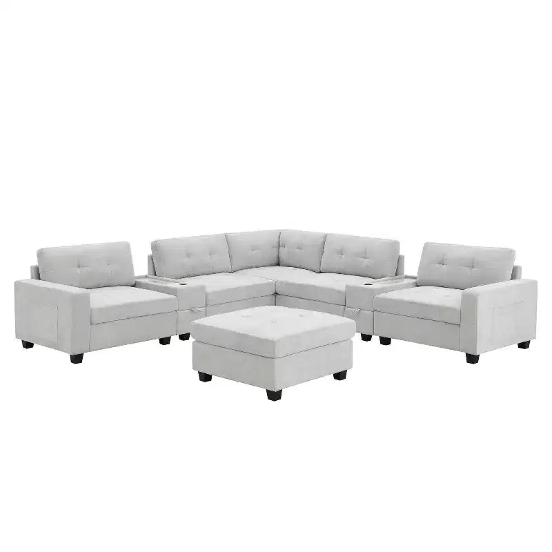Canapé d'angle en U Whisen Chenille avec 2 consoles, chargeur USB, tiroirs et poches de rangement et pouf mobile